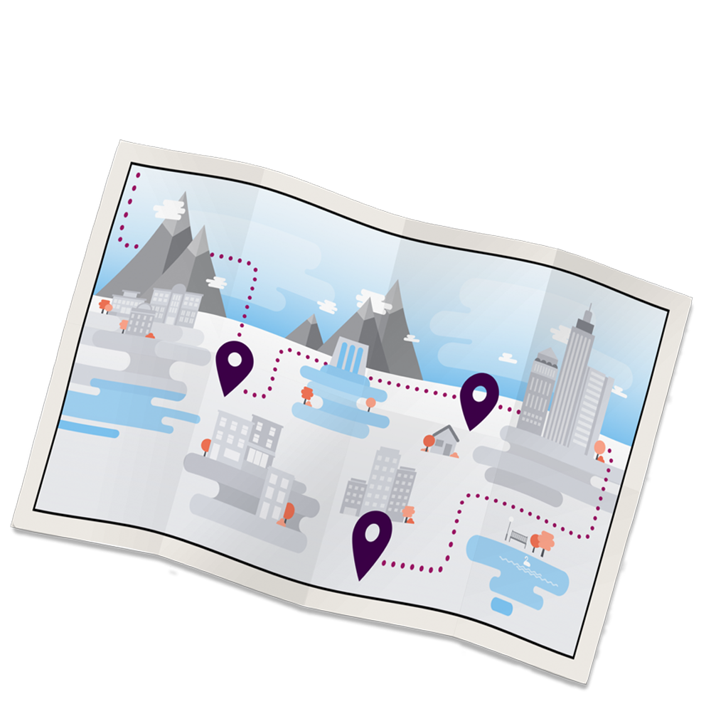 Image of map with illustrations of mountain and city skylines around the world, with dotted lines and location markers throughout