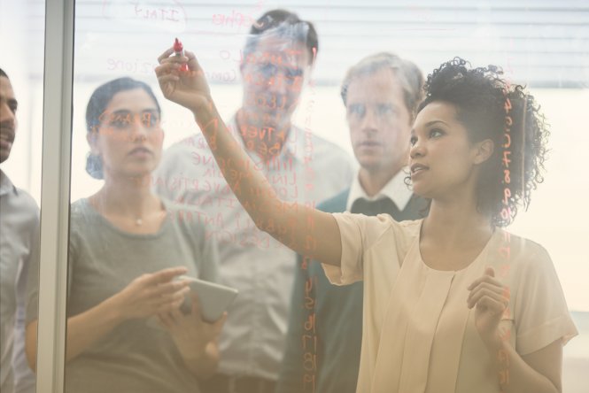 A team of coworkers collaborating in front of a dry-erase board.