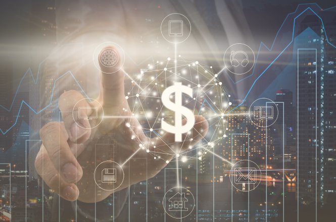 Hand pressing virtual banking symbols representing omnichannel marketing