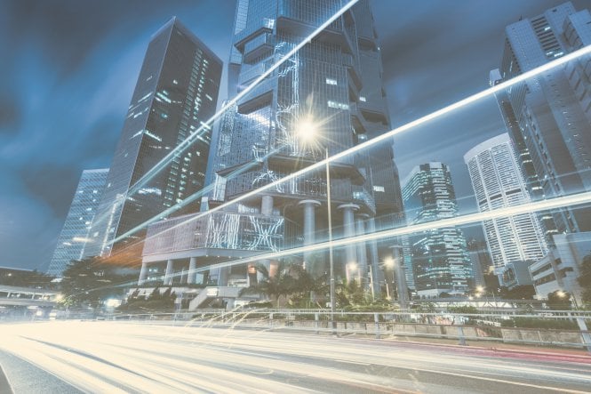 Cityscape with lines indicating fast speed and connectivity — benefits of UCaaS