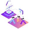 Illustration showing a group of happy customers with their cell phones. Beside them is a cloud and an icon labeled AI, representing AI and customer experience.