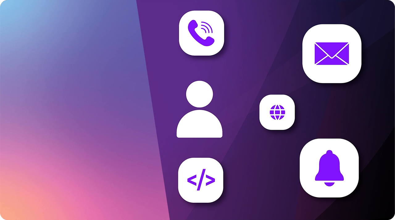 A dark purple-to-black gradient background on the right displays six white rounded-square icons in purple: a phone/call icon, a person/contact icon, a code icon, an envelope/email icon, a globe/website icon, and a notification bell — representing multichannel communication and engagement touchpoints. The left third mirrors the same blue-violet-pink diagonal gradient panel, again likely left blank for a title or logo.