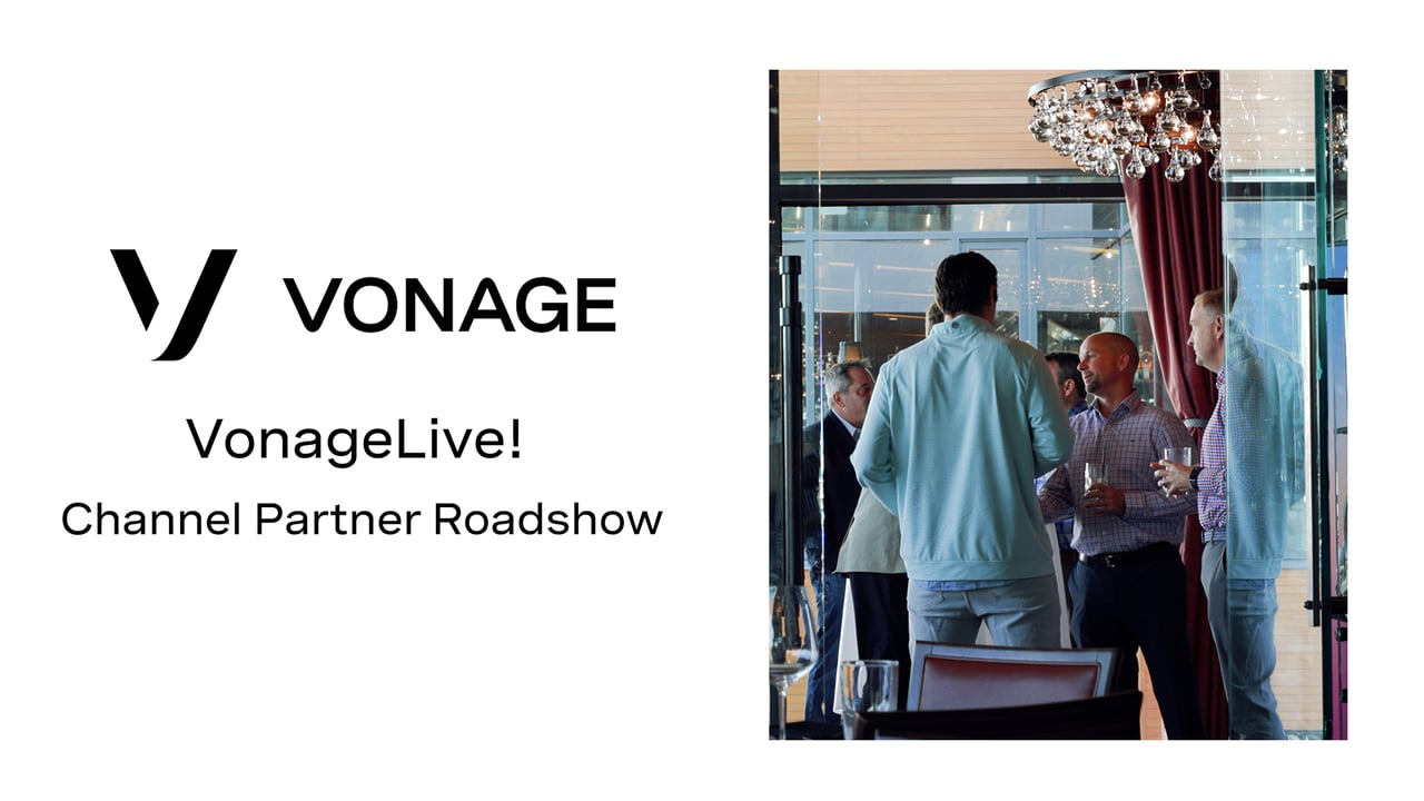 Video frame with the Vonage logo and the words "Vonage Live! Channel Partner Roadshow” and a photo of a group of people
