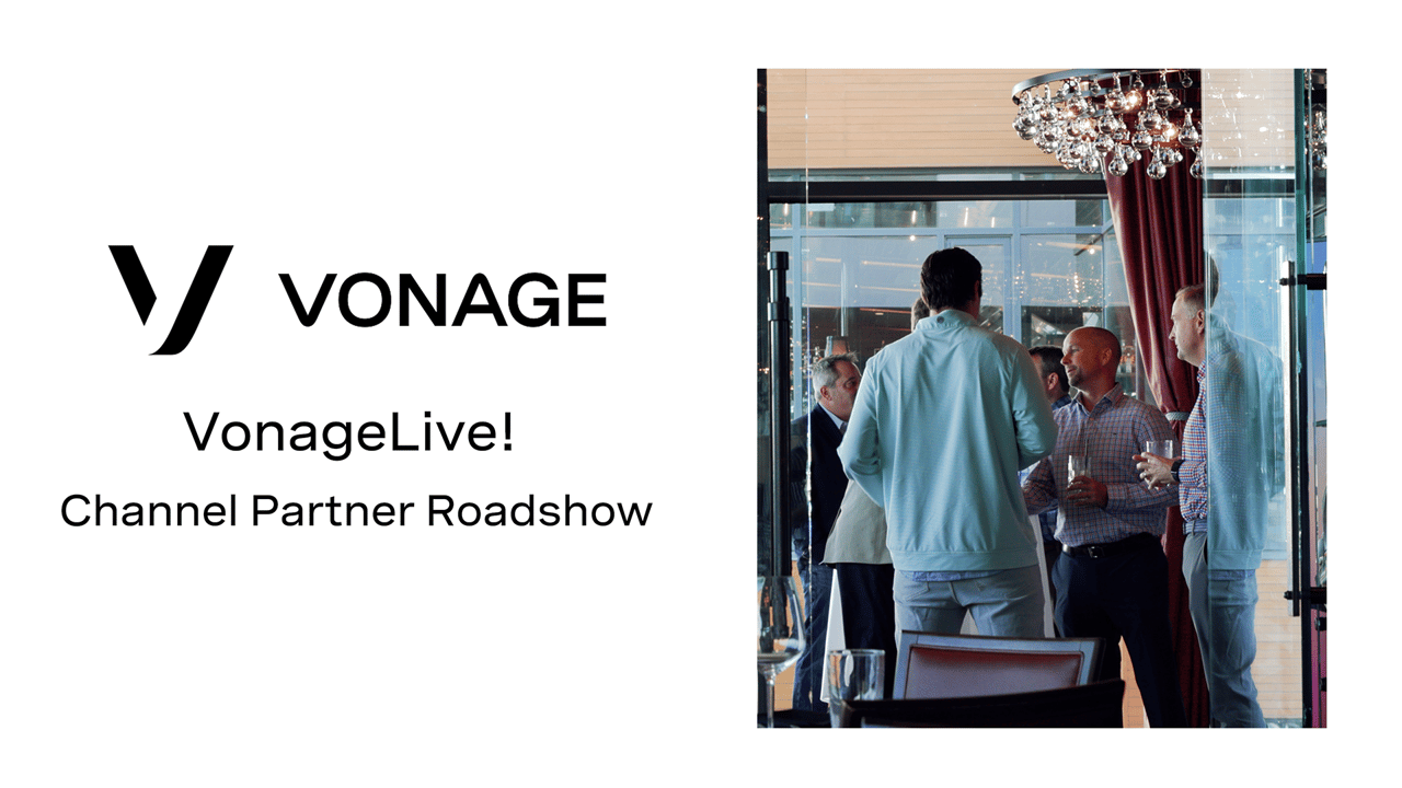 Vonage Live Boston Thumbnail Video frame with the Vonage logo and the words "Vonage Live! Channel Partner Roadshow” and a photo of a group of people