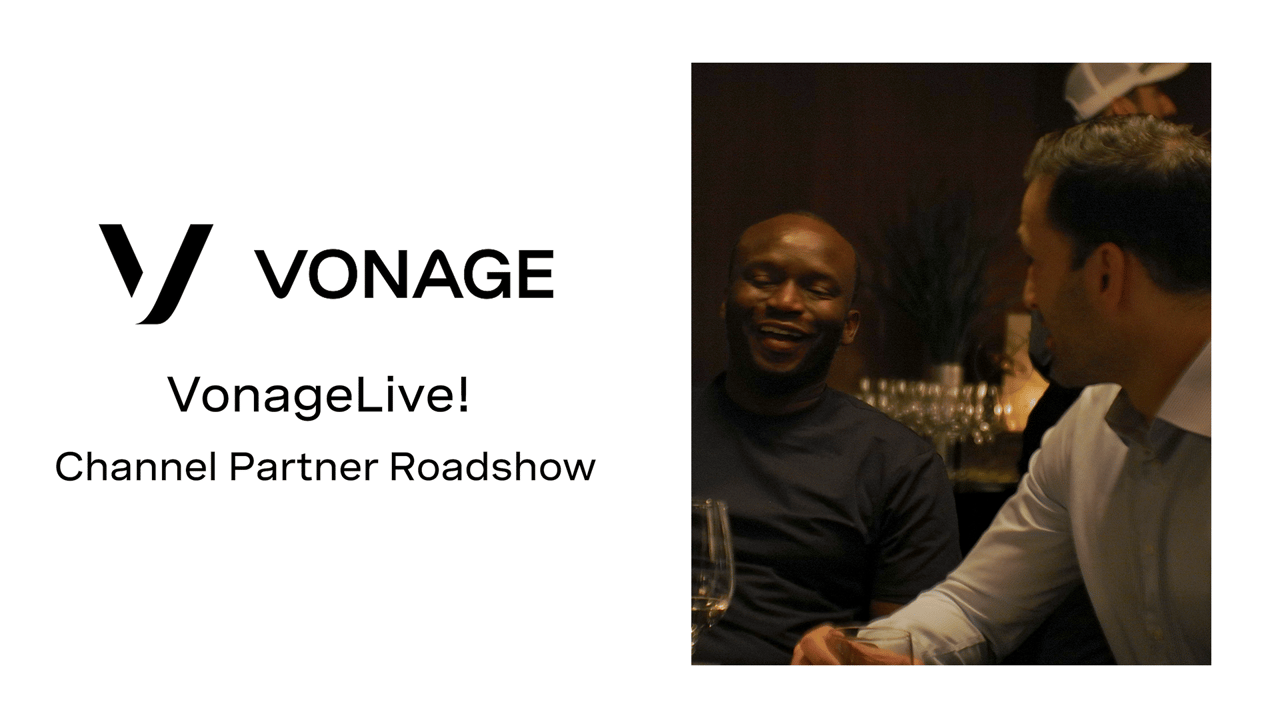 Video frame with the Vonage logo and the words "Vonage Live! Channel Partner Roadshow” and a photo of two men