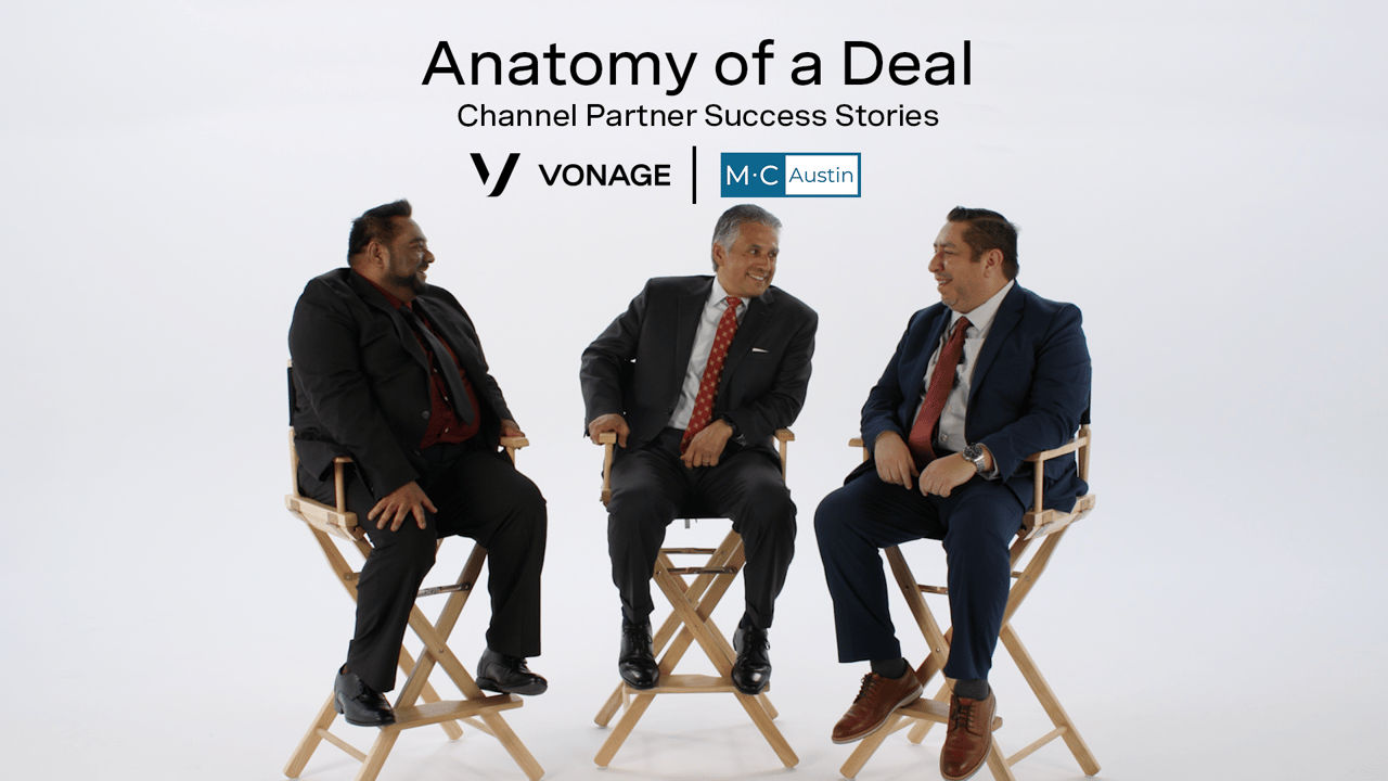 Image of partners seated for a discussion, with title Anatomy of a Deal: Channel Partner Success Stories: MC Austin