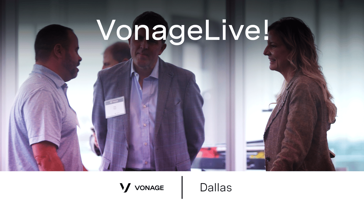 Vonage Live! Evolution in Dallas Image of three people standing at Vonage event, talking