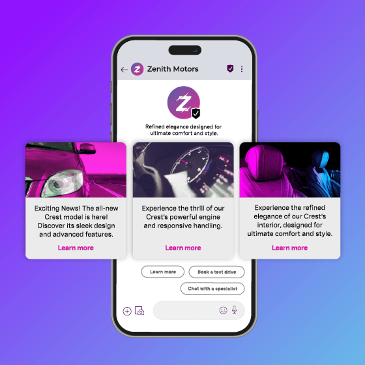 Illustration of a cell phone showing a text conversation in action. Running across the frame in front of the phone are three panels showing clickable options for the reader to learn more.