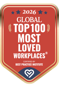 Image of a badge showing Vonage award as one of the Global Top 100 Most Loved Workplaces certified by Best Practice Institute, 2026
