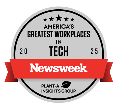 Image of a gray badge with America's Greatest Workplaces in Tech 2025, with a red ribbon across and the Newsweek logo