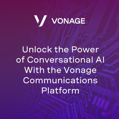 Image with a purple patterned background with the Vonage logo centered and text below that say Unlock the Power of Conversational AI with the Vonage Communications Platform 