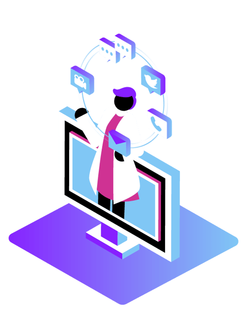 Anxiety Illustration of a person standing knee-deep in a computer monitor with thoughts of video, voice, and more circling their head