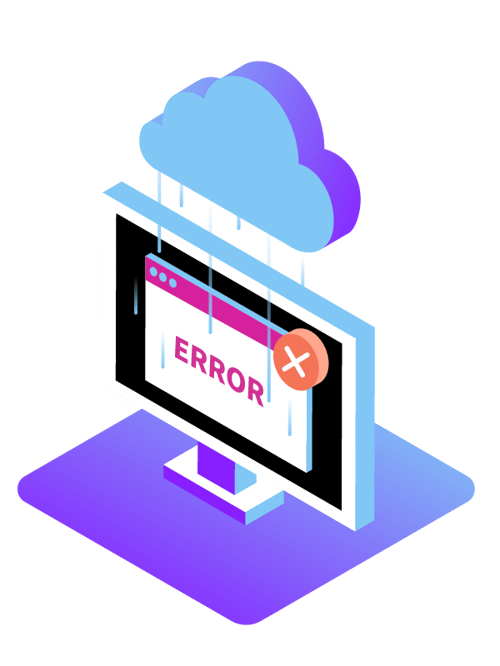 Downtime Illustration of a computer monitor with an error screen that's being rained on by a cloud