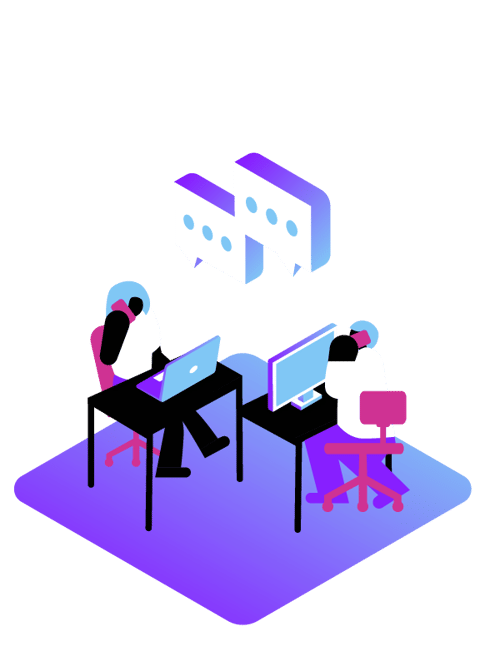 Phone Call Meetings Illustration of people at desks using computers and smartphones beneath ellpises thought bubbles