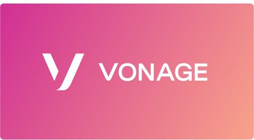 Vonage Logo and V on a gradient pink/orange backgorund