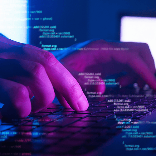 photo of hands on a keyboard lit in pink