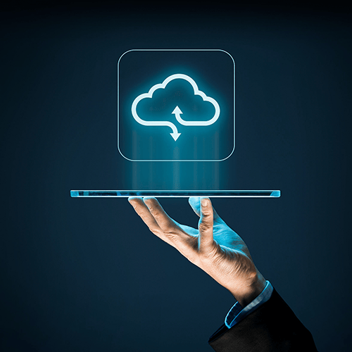 photo of a hand, a tablet and a cloud symbol