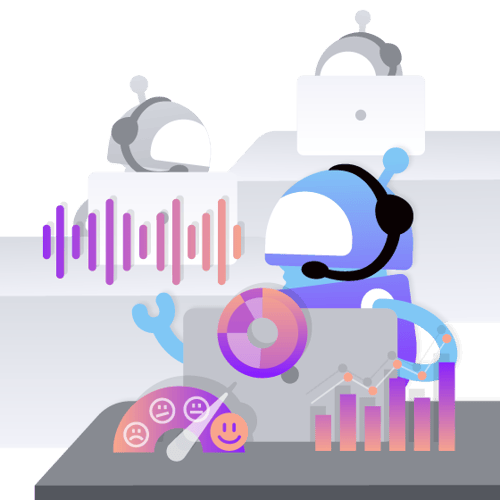 Illustration of a robot "agent" wearing a headset and sitting behind a computer. Surrounding thre agent are several icons representing a customer satisfaction scale, a growth bar chart, conversations, etc .