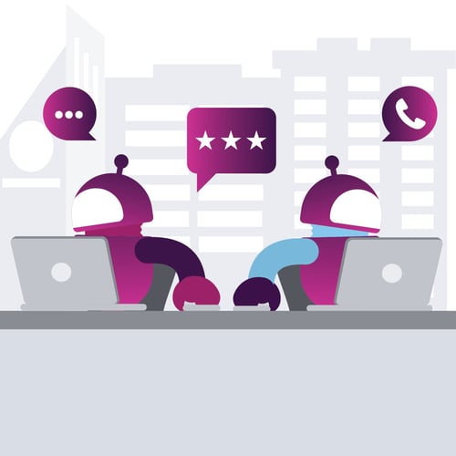 Illustration of two robots sitting behind a desk working on laptops. Icons representing phone calls, texts, and emails float above them.