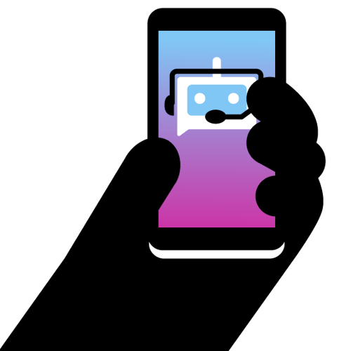 Image of hand holding a smartphone, with an image of a bot with a headset — this conveys a virtual agent.