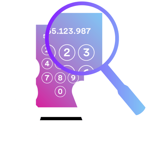 Illustration of a hand holding a cell phone. A magnifying glass is in front of the phone screen, magnifying some of the numbers.