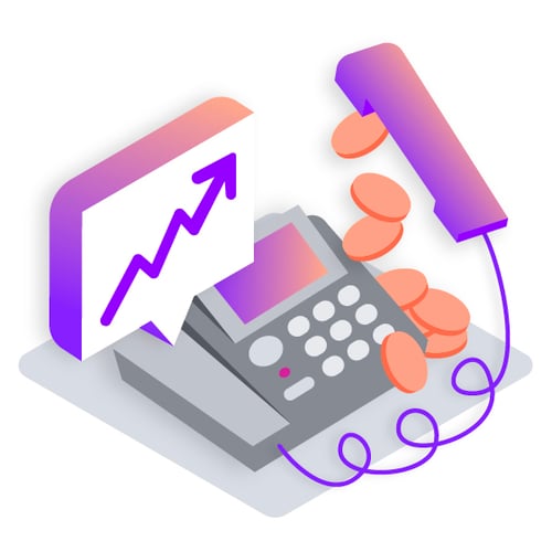 Illustration of a desktop phone. The handset is raised, with coins appearing to fall from the receiver, and a callout shows a rising arrow graph or chart.