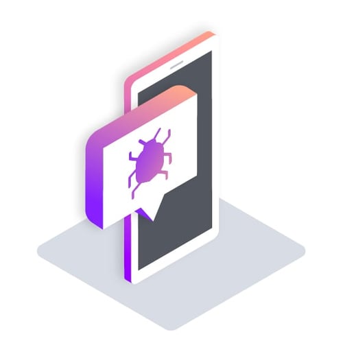 Illustration of an upright cell phone. In front of the screen is a callout showing a large bug, representing 