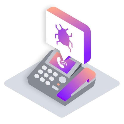 Illustration of a desktop phone, with a callout above the phone showing the image of a bug
