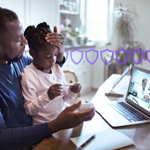 Photoillustration of a man with his daughter sitting in his lap; the man is feeling his daughter's forehead and she is holding a thermometer indicating she is ill; the man and child are seated facing a laptop and a doctor is on the screen in his office