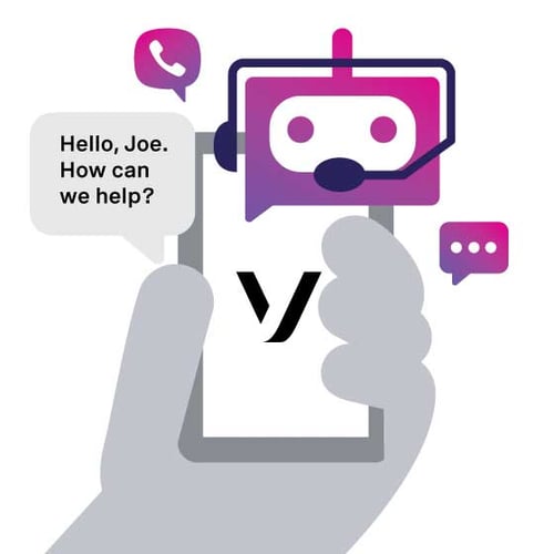 Illustration of a hand holding a cell phone with a Vonage V on the screen. Callouts surround the phone representing a phone call, AI, and chat.