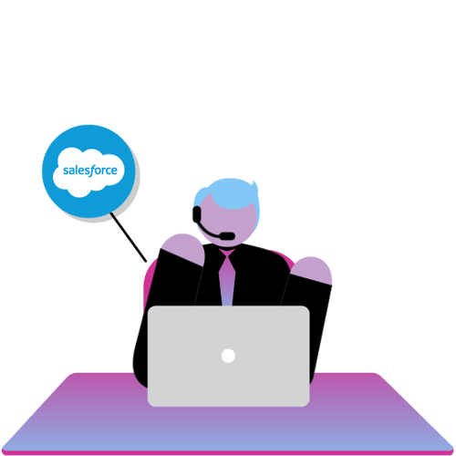 Illustration of a contact center agent sitting behind a laptop and wearing a headset. To the left of the agent is a Salesforce logo enclosed in a blue bubble.