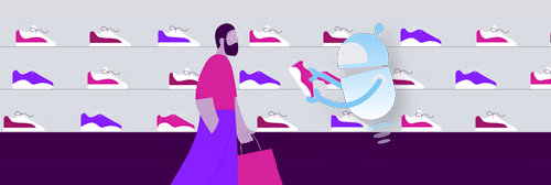 Illustration of man with beard in a pink shirt and purple pants, carrying a pink shopping bag, walking in front of a wall of sneakers, with a blue and white robot holding a sneaker