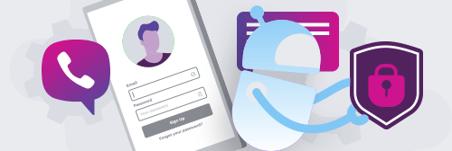Illustration of mobile phone, a blue and white robot, and telephone and lock icons in pink and white