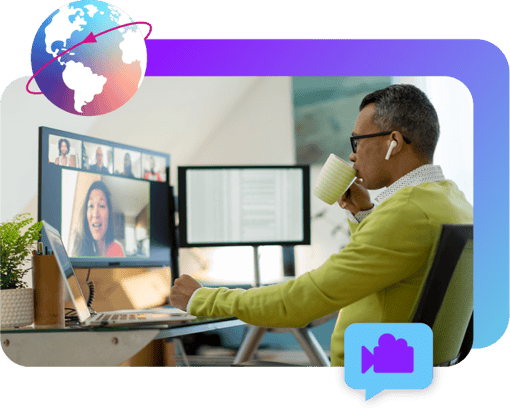 Video meeting taking place with individuals from all around the world
