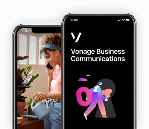 Photo of mobile devices displaying a spring scene a Vonage product screen & logo