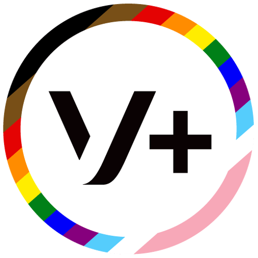 V + Pride icon Vonage logo + rainbow diversity flag background