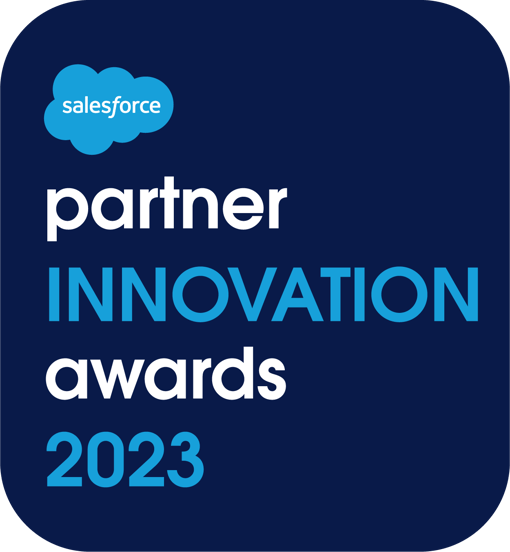 Blue award badge with Salesforce partner innovation awards 2023