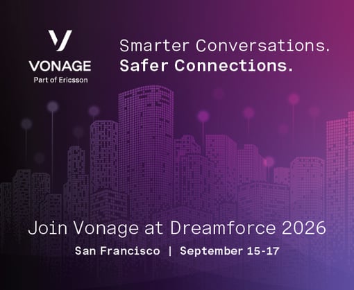 Image of the San Francisco city skyline in various shades of purple with the Vonage Part of Ericsson logo, with a tagline, Smarter Conversations. Safer Connections. Join Vonage at Dreamforce 2026, San Francisco, September 15-17 