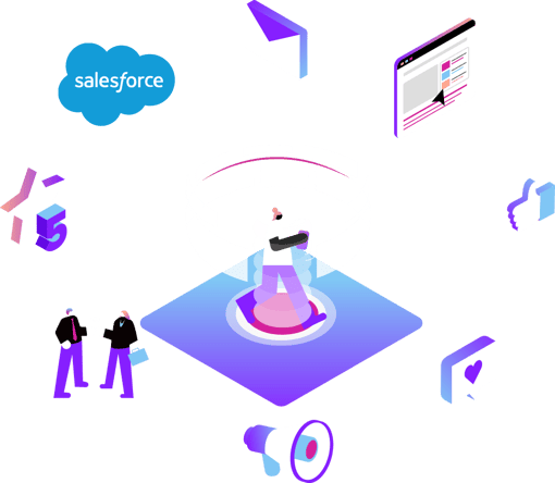 Illustration depicting Salesforce and Vonage integrations across devices