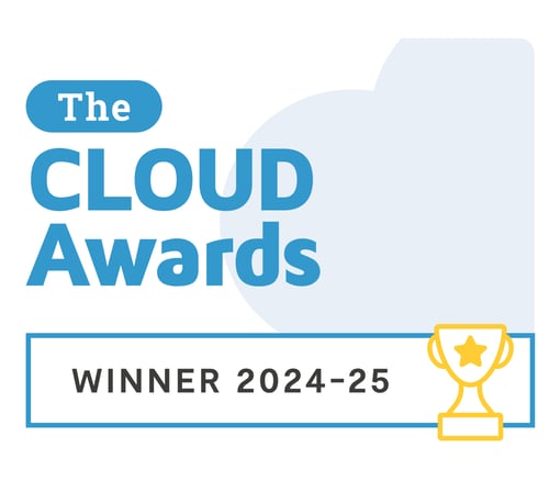 The Cloud Awards Image of The Cloud Awards logo with a blue cloud and Winner 2024-25 with a yellow trophy illustration