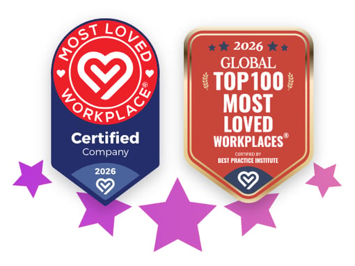 Image of two awards badges showing Vonage as a Most Loved Workplace® Certification from the Best Practice Institute and 2026 Global 100 Most Loved Workplaces® list