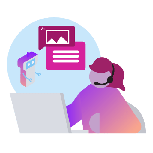 Illustration of a contact center agent working at their computer. Above the computer are floating icons representing AI, texting, and video.  