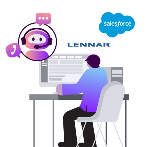 Illustrated image of a contact center agent sitting at a computer with an AI agent symbol, the Lennar logo, and the Salesforce logo above them