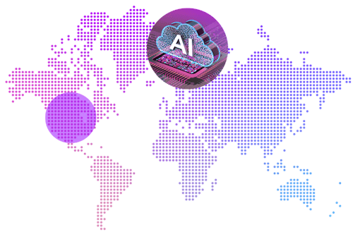 North American AI map This image shows a world map with dots in various shades of pink and purple with the North American region highlighted with a purple circle. At the center of the map, there is another circle with a cloud that says AI on it.