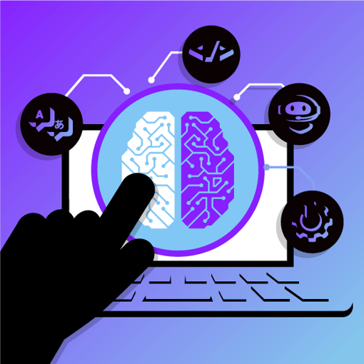 Image of a hand with the index finger pointing to an AI graphic on a laptop screen with symbols for different communication channels branching out from the AI source: from left to right, an image of a text message, a snippet of code, a robot with a microphone, and a cog