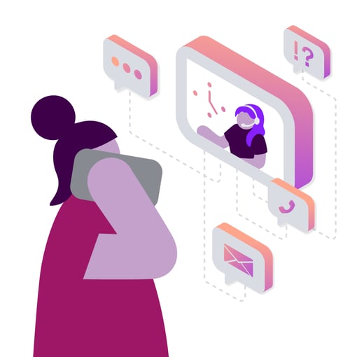 Illustration of a female customer talking on her cell phone. Callouts show the contact center agent having a conversation with the customer, along with icons representing chat, email, phone call, and more. 