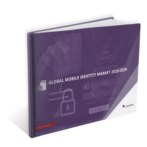 This image shows the cover of the Juniper Global Mobile Identity Market report displayed as if it's the cover of the book with moving pages behind it