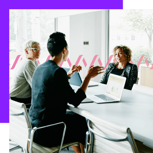 Photoillustration of three people talking in a conference room