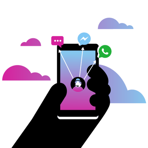 API Messaging Suite_Blog-500.png image of hand holding a mobile phone, with icons depicting phone, social media, and chat — this represents updates to the Vonage Messaging Suite
