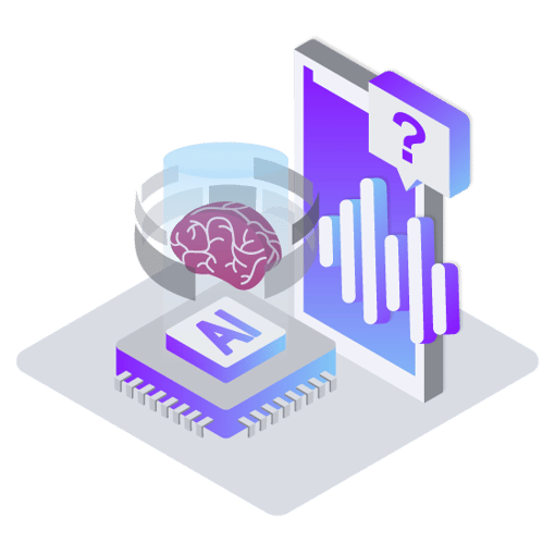 Illustration of a brain floating above a computer chip labeled AI. Beside the brain is a cell phone and floating icons representing customer interactions.